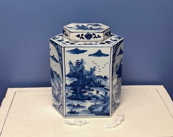 Flat Hexagon Jar River Village Scene Blue&White