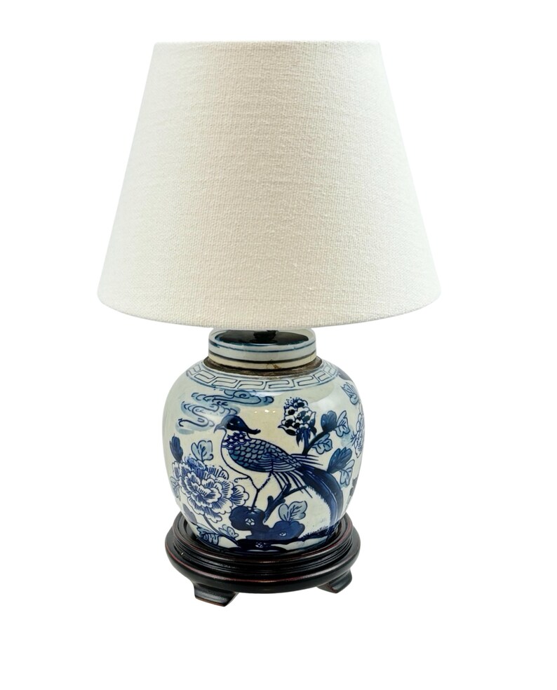 Handmade Vintage style Lamp Mini Jar Flower Bird Motif Blue&White