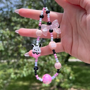 Sansan Pocha Pink Handmade Phone Charm Long HK Melo Kuku Cinna Pompom Cute Clear Charm Cute Bow Beaded Threaded Crystal Painted Beads