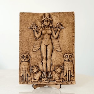 Mesopotamian Goddess Relief – Inanna/Ishtar (Queen of the Night Burney Relief) | Sumerian Lilith–Ereshkigal Sculpture, 27×20 cm