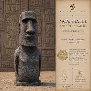May include: A grey stone-textured Moai statue replica with a prominent nose and brow. The accompanying text reads: ARKEOART MOAI STATUE SPIRIT OF ANCESTORS EASTER ISLAND (RAPA NUI) c. 1250-1500 CE. The height is listed as 18 cm or 7.09 inches.