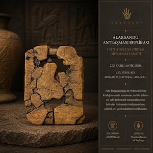 May include: A tan, rectangular clay tablet replica featuring cuneiform script and irregular holes. The text on the right panel reads ARKEDART, ALAKSANDU ANTLAŞMASI REPLIKASI, HITIT & WILUSA (TROYA) DIPLOMASI TABLETI, ÇIVI YAZILI ANTIK ESER, c. 13. YÜZYIL BCE.