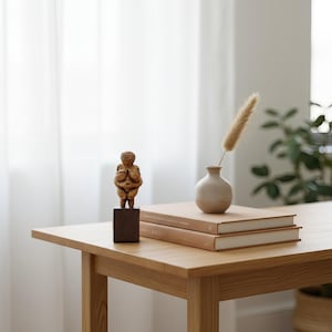 The Fertility Goddess Sculpture displayed in a boho-inspired interior with warm earthy tones. Blends prehistoric spirituality with contemporary aesthetic. A statement decor piece symbolizing harmony, abundance, and feminine balance by ArkeoArt.
