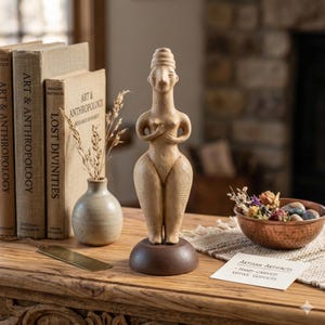 May include: A hand-carved votive goddess figurine with a light brown finish, standing on a dark brown base. The figurine is displayed on a wooden table alongside books, a small vase with dried plants, and a copper bowl. A card reads "ARTISAN ARTIFACTS - HAND-CARVED VOTIVE GODDESS."