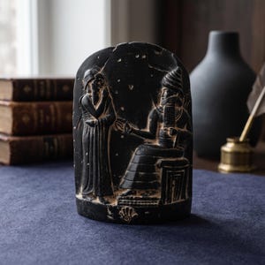 Op de afbeelding: Een zwarte, boogvormige stenen plaquette met een reliëf van twee figuren in antieke kleding. Eén figuur staat terwijl de andere op een kruk zit, met een klein handsymbool gegraveerd aan de onderkant.