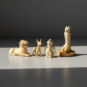 Peut inclure: Quatre petites figurines en bois sculpté. Un lion, un cerf, une figure ailée et un chat. Le lion est couché, le cerf est debout, la figure ailée est assise et le chat est agenouillé sur une base ronde. Tous sont de couleur beige clair.