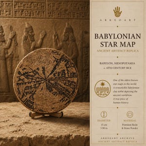 May include: A circular Babylonian star map replica with a textured beige surface and dark etched markings. The artifact is displayed on a small stand and includes a side panel with the text BABYLONIAN STAR MAP, 15 cm, 5.90 in, and other details.