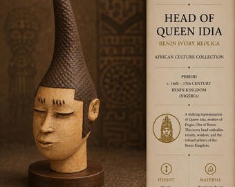 Head of Queen Idia Replica – Benin Ivory Mask Sculpture, African Royal Art, Edo Kingdom Museum Artifact
