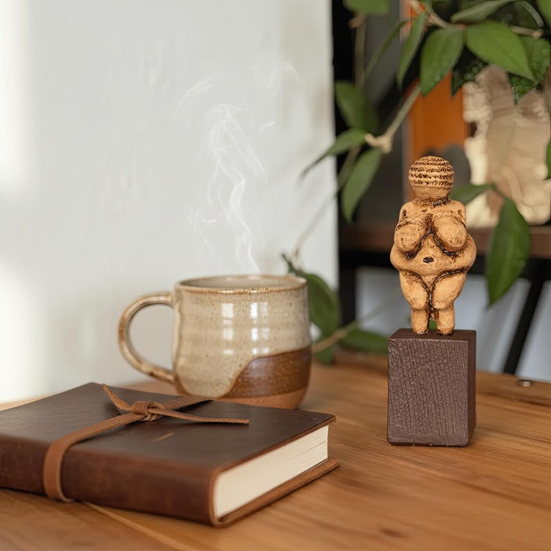 The Venus of Willendorf Statue placed on a study shelf beside books on archaeology and art history. A perfect artifact reproduction for those who appreciate humanity’s earliest expression of creativity, sacred art, and divine femininity.