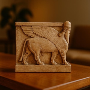 Lamassu Guardian Statue – Handmade Assyrian Protector – 12 cm Mythological Replica – Mesopotamian Winged Bull Figurine – ArkeoArt Edition