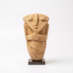 Pode incluir: Uma escultura de pedra bege e porosa com uma cabeça triangular estilizada com traços faciais simples e um corpo arredondado e cônico. A figura tem os braços cruzados sobre o peito e está montada sobre uma base metálica retangular escura.