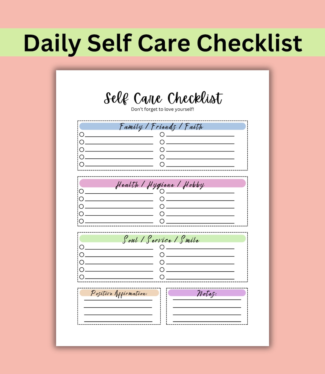 Mental Health Checklist/self Care Checklist/selfcare Planner/self Care ...