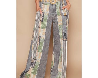 Be Legendary - Jean ample patchwork coupe décontractée en denim à délavage moyen 100 % coton taille haute pour femme, petites à grandes coupes
