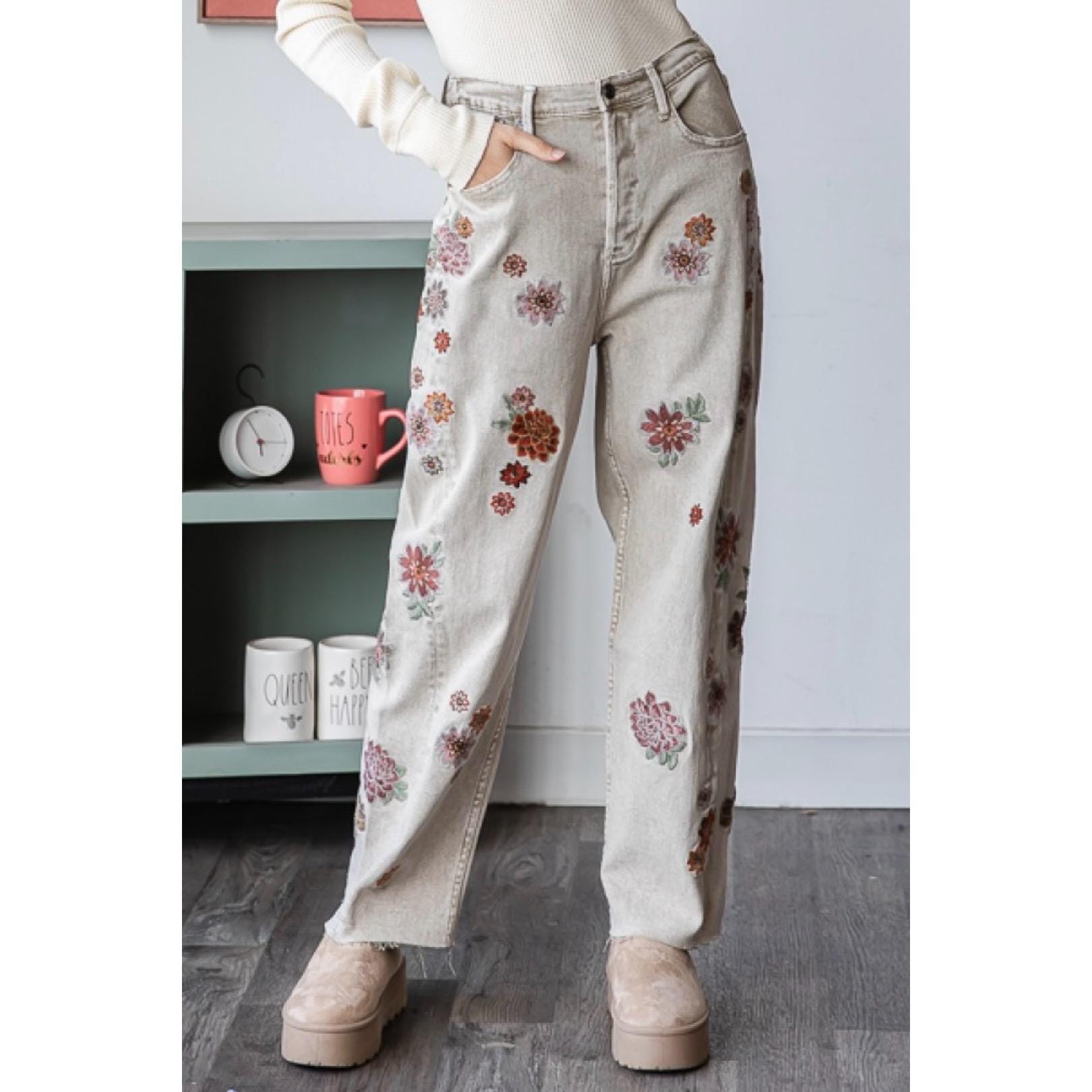 Pantalon GIRBAUD Vintage – Jean Ample Brodé, Style Bohème Chic, Taille 38 (T38), Occasion En Très Bon état