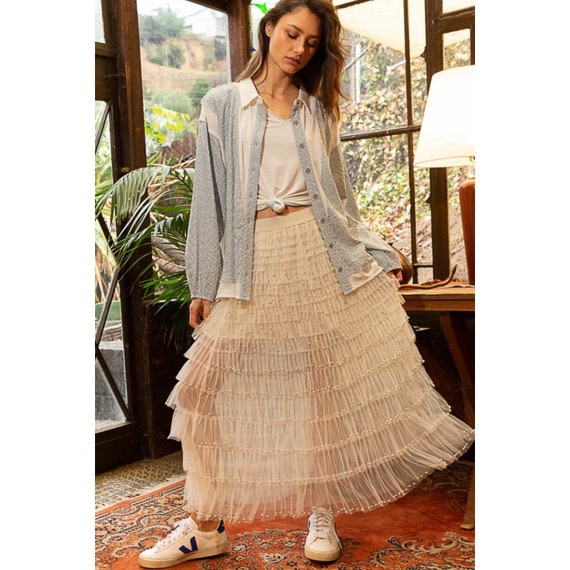 Cream tulle maxi skirt online