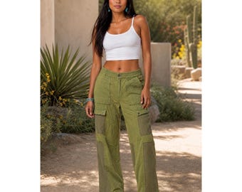 French Terry Easy On Me + Pantalon cargo thermique olive Coupe décontractée Taille élastique Jambe droite 100 % coton Femme petite à grande