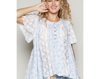 Garden Party Floral Lace Ruffled Sleeve Top with Pearls in Light Blue Boho Flowy Feminine
