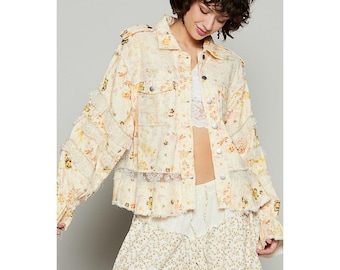 Double Take Floral Print Cotton Jacket with Lace in Natural Flower Boho Relaxed Fit Lightweight Sizes Small to Large