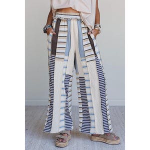 Pantalon en coton délavé à rayures multicolores Chef's Kiss, taille élastique, bleu taupe, coupe décontractée, droite, jambe large, petite à très grande taille