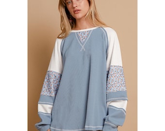 Top térmico de manga larga con diseño de bloques de color Moon Glow y contraste floral en azul, holgado, estilo bohemio, para mujer (talla pequeña - grande)