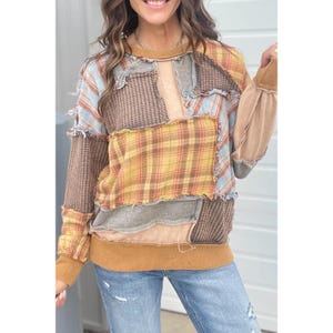 All in Washed Plaid Mixed Patchwork Long Sleeve Pullover Pockets ...