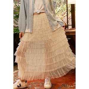 The Met Pearl Embellished Mesh Ballerina Tulle Maxi Skirt in Cream Boho Ballet Fairy Princess Feminine Elastic Waist Women’s Small to Large