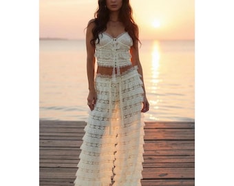 Whispered Romance Ruffle Tiered Wide Leg Pants in Natural Boho Goddess Sizes Small to Large