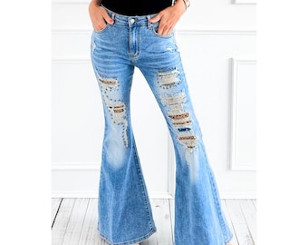 Wildest Dreams Studded Distressed Flares with Leopard in Med Wash Stretch Denim Boho Chic Jeans Glam Sizes Small to XL