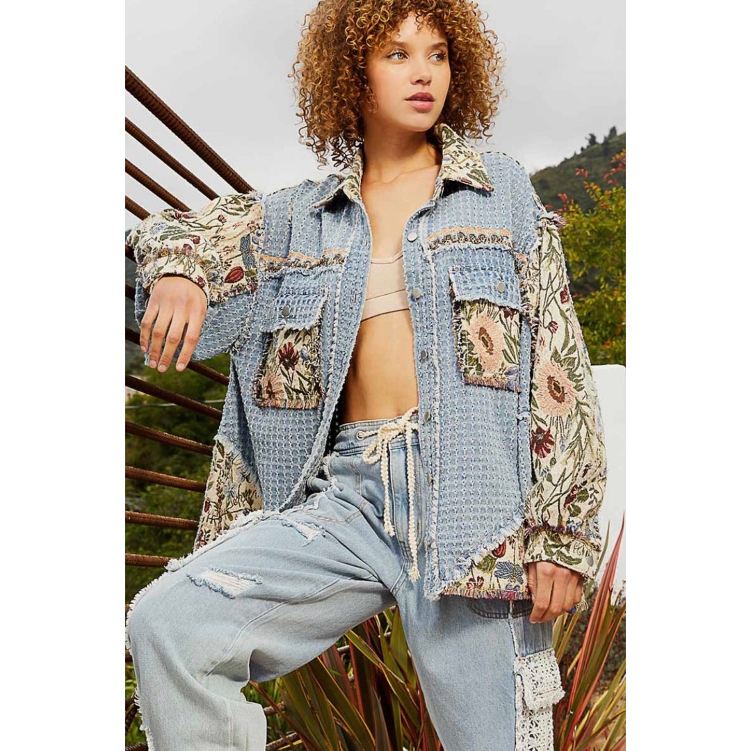 Ameri FLOWER CUT JACQUARD DENIM ¥21,450 Falling for Blooms Denim & Floral Print Jacquard Patchwork