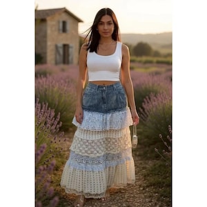 Midsummer Magic Tiered Ruffle Denim Maxi Skirt Boho Chic Sizes Small to Large Fits Plus