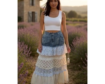 Midsummer Magic Tiered Ruffle Denim Maxi Skirt Boho Chic Sizes Small to Large Fits Plus