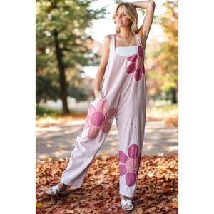 Go Big Daisy Patched Jumper with Pockets In Pink Loose Fit Baggy Jumpsuit 100% Cotton Flowers Floral Patchwork Overalls Women’s Small to XL