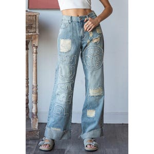 Vibe Check Peace Patched + Lettered Distressed Loose Fit Jeans Y2K Retro Hippie High Rise Elastic Waist Wide Leg Small to XL Fits Plus