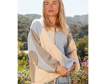 Gut Karma Mixed Fabric Quarter Zip Pullover Color Block Blau, Beige + Grau, Oversized Fit Fronttasche Größen klein bis groß passt Plus