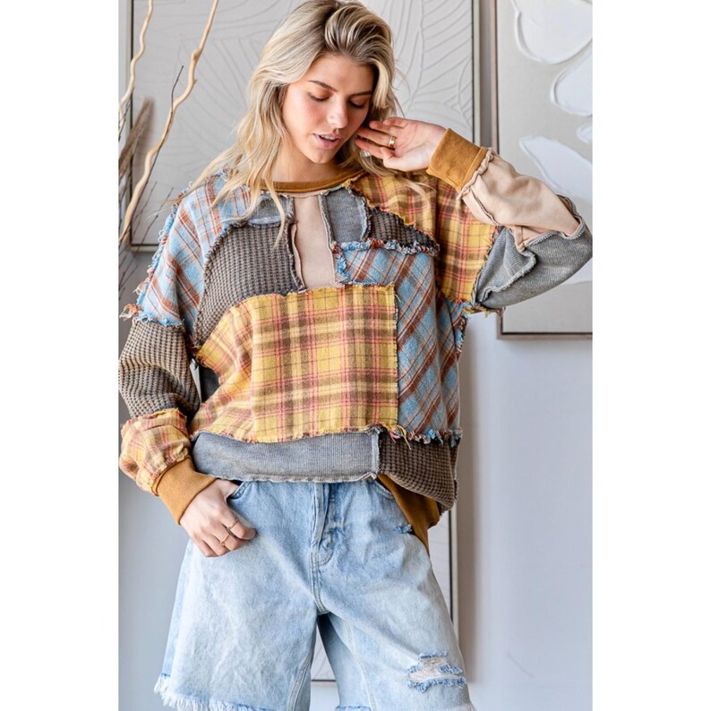 Threaded Pear Mackenzie Plaid Patchwork Half PLUS Pullover