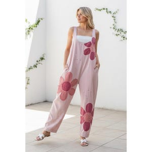 Go Big Pink Floral Patch Cotton Overalls, Boho Patchwork Relaxed Fit Jumpsuit with Pockets