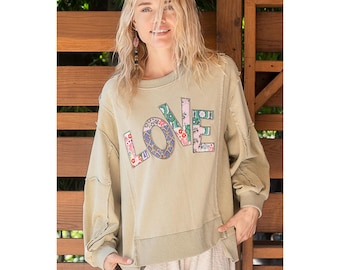 Love Struck Letter Patch French Terry Pullover In Light Olive Boho Relaxed Fit Sizes Small to Large
