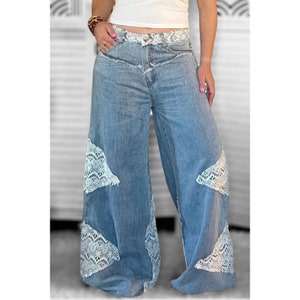 In My Element Vintage Washed Crochet Patched High Rise Wide Leg Jeans