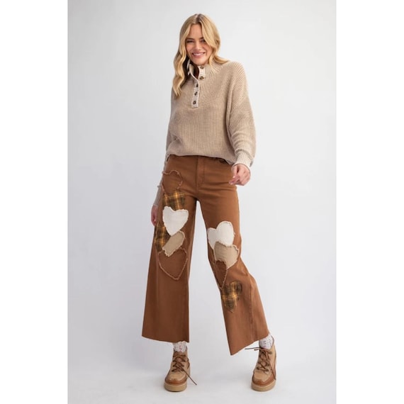 True Love Heart Patched Stretchy Cotton Twill Jeans in Brown Wood