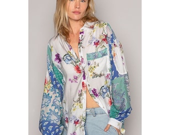 Meadow Sweat Floral Paisley Long Sleeve Button Front Oversized Shirt in Teal Ivory Women’s S/M or M/L