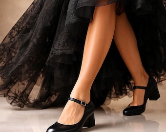 Handmade Full Grain Leather Mary Jane Heels, Retro Black Shoes