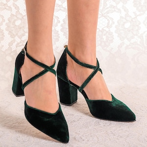Handmade Dark Green Velvet Block Heel Shoes: Leather Lined Bridal Heels