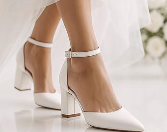 White Leather Bridal Shoes with Ankle Strap, Pointed Toe Block Heels