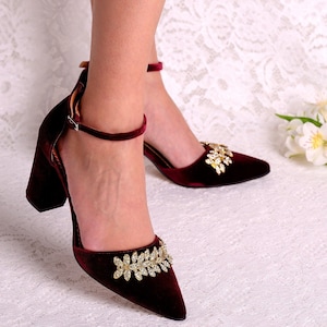 Burgundy Velvet Wedding Shoes: Handmade Rhinestone Leaf Block Heels