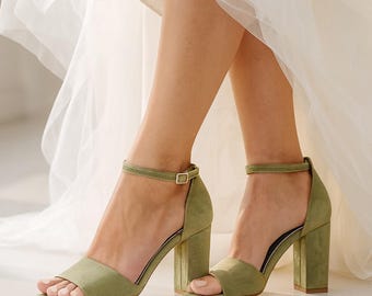 Sage Green Velvet Wedding Shoes – Block Heel Bridal and Bridesmaid Sandals