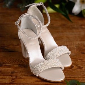 Ivory Leather Block Heel Sandals – Pearl Wedding Shoes for Bride