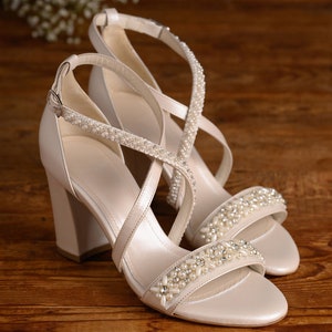 Ivory Leather Pearl Block Heel Sandals - Handmade Greek Wedding Shoes