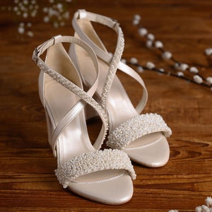 Block Heel Bridal Ivory Leather Sandals: Pearl Wedding Shoes for Bride