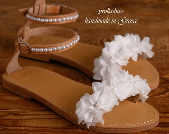 Wedding Leather Sandals • Bridal Shoes • Beach Wedding Sandals • Handmade Sandals • Flower Wedding Shoes "ESTELLE"