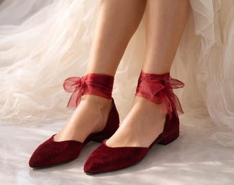Burgundy Velvet Bridal Flats with Organza Ankle Bow, Handmade Wedding Shoes